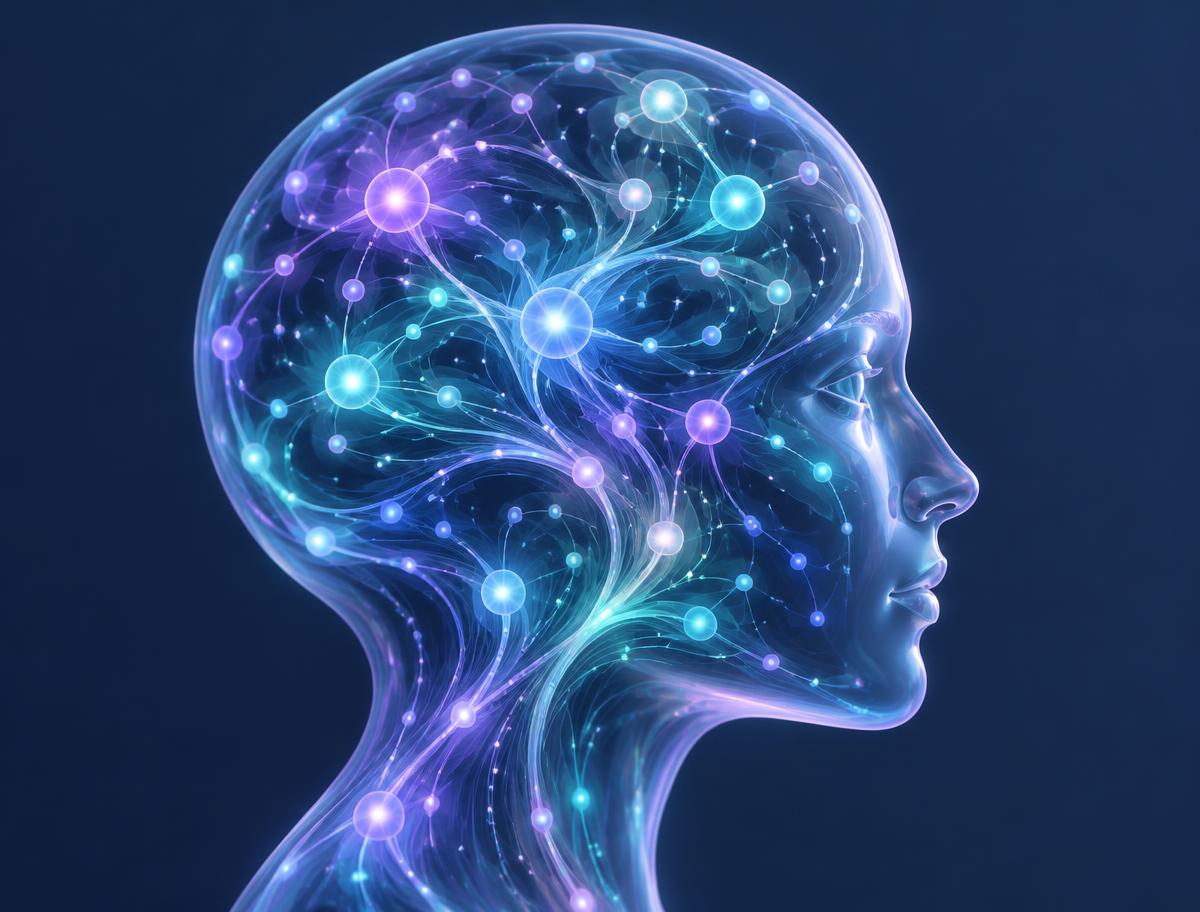 A glass human head filled with glowing connected points of light
