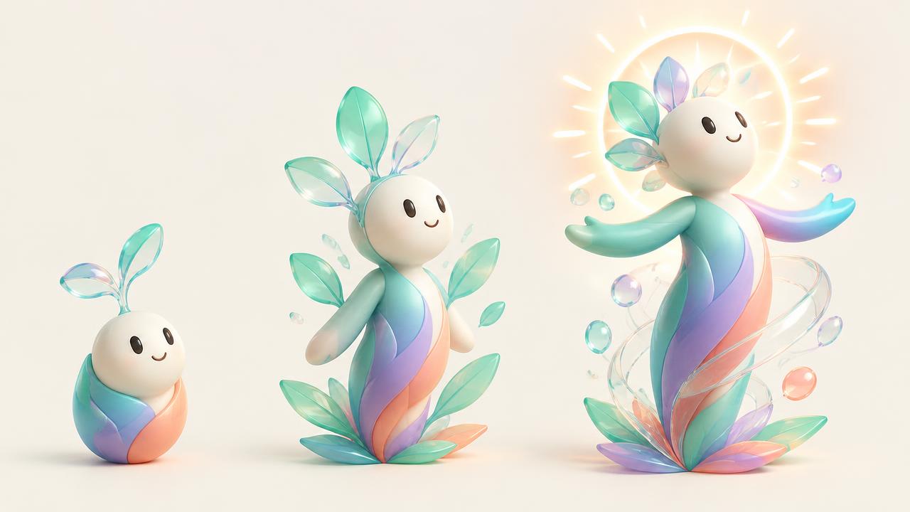 A friendly avatar shown growing from a seed into a radiant figure