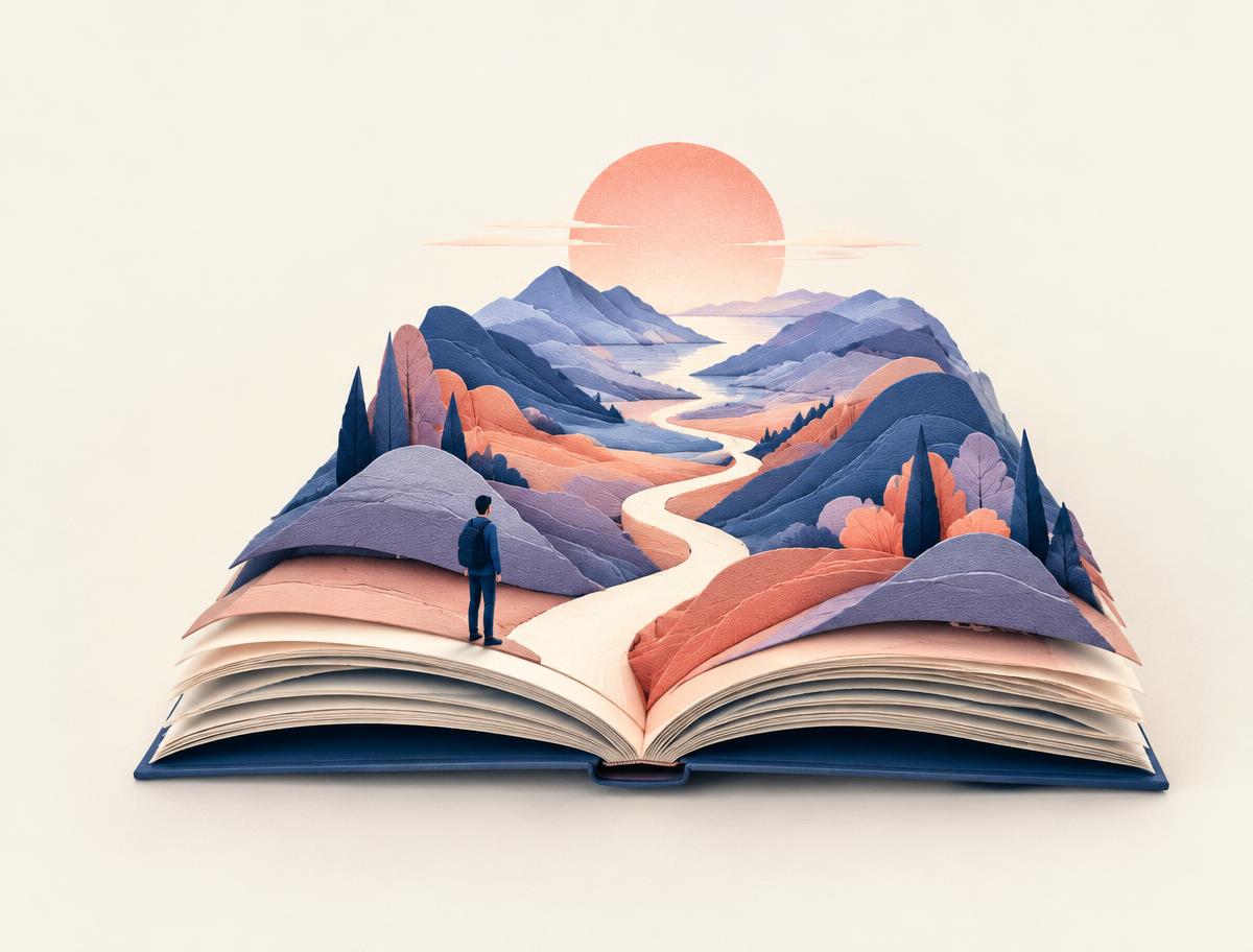 A small figure stands on an open book whose pages become a path toward the sunrise